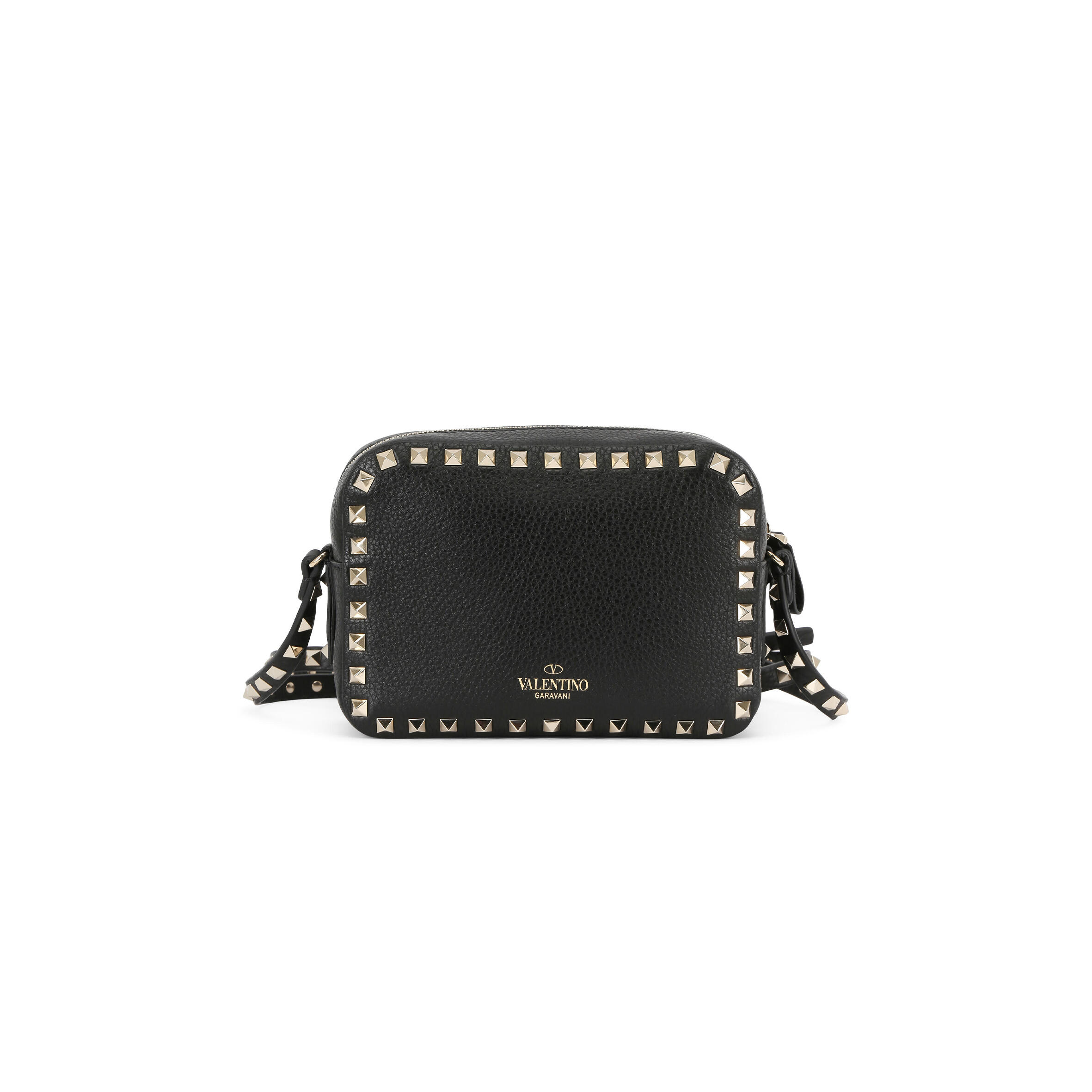 VALENTINO GARAVANI PEBBLED CALFSKIN ROCKSTUD CAMERA CROSSBODY BAG BLACK 168173 (18*13*8cm)
